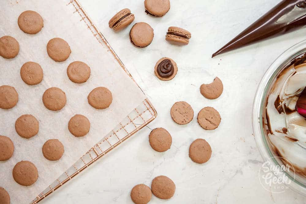 filling chocolate macarons with chocolate ganache