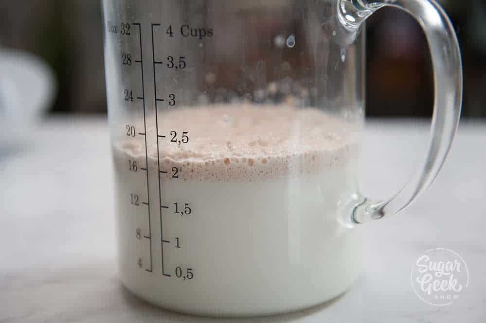 closeup of yeast foaming in milk