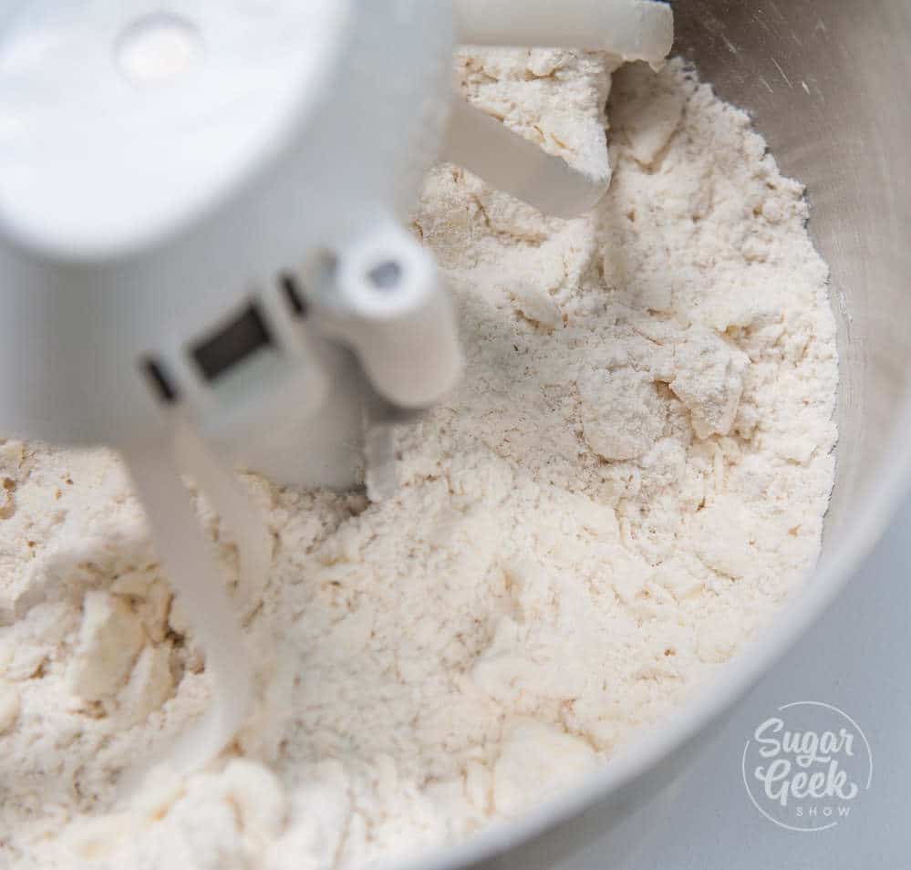Flour and salt combined in a stand mixer.
