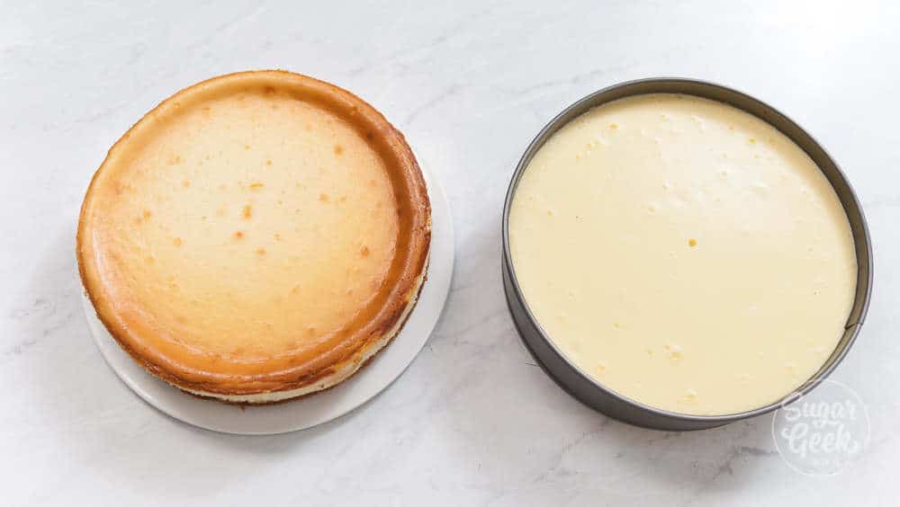Two cheesecakes side by side to compare the color and texture.
