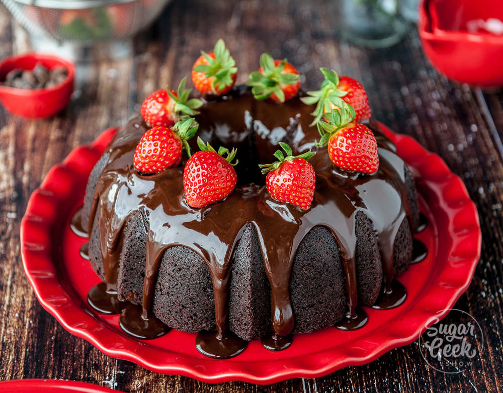 chocolate bundt cake with fresh strawberries