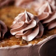 chocolate swiss meringue piped onto a cake