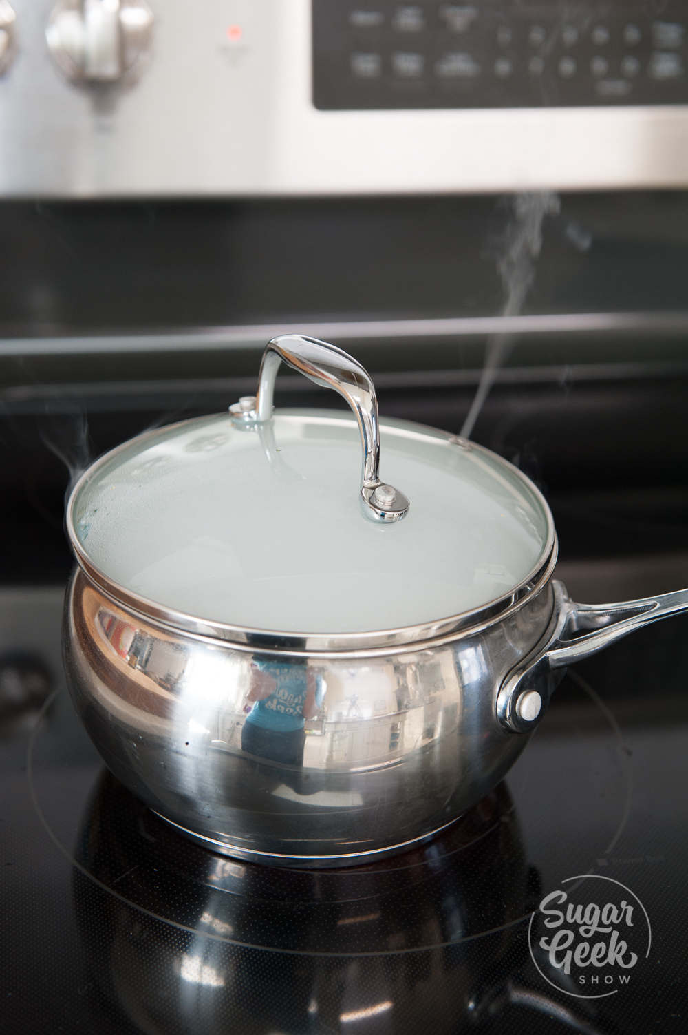 Metal saucepan with the lid on a black stovetop.