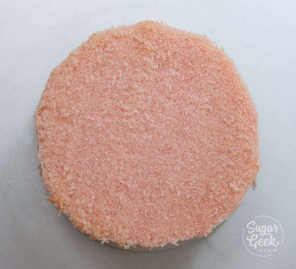 pink velvet cake layer showing the crumb
