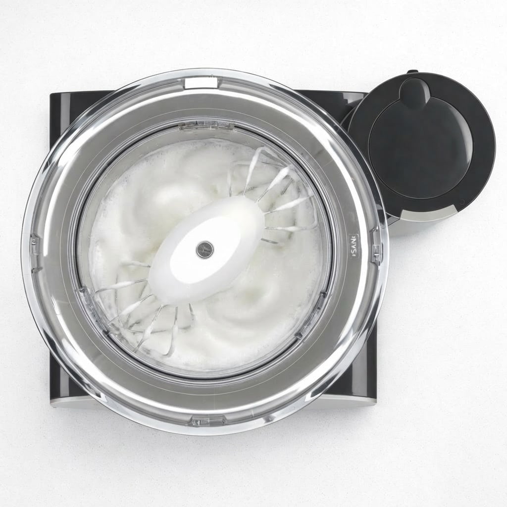 Mixer with egg whites whipped to soft peaks on a white countertop.