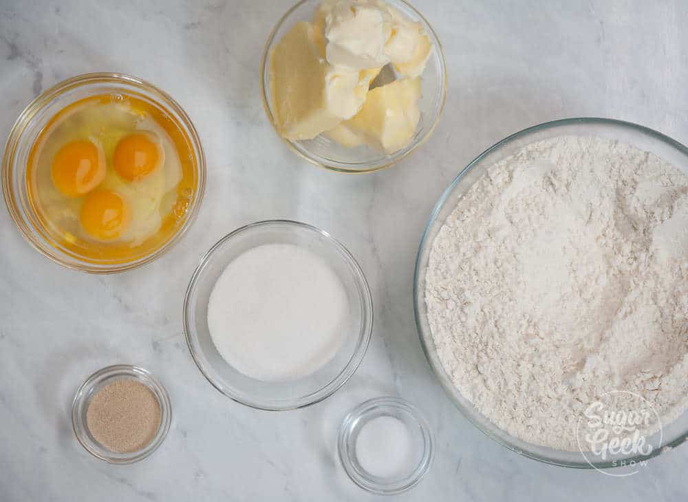 sweet dough ingredients flour, sugar, salt, butter, milk, eggs and yeast
