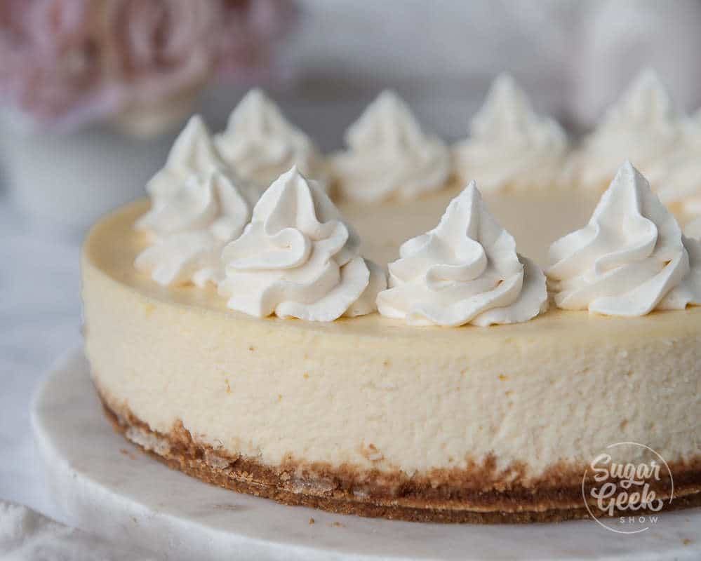 closeup of classic cheesecake with whipped cream piped on top
