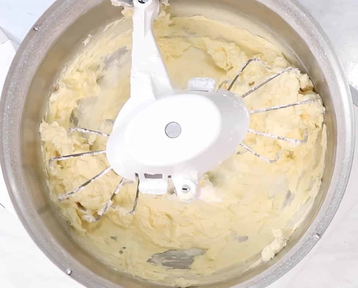 Creaming Lofthouse cookie ingredients in the bowl of a stand mixer.