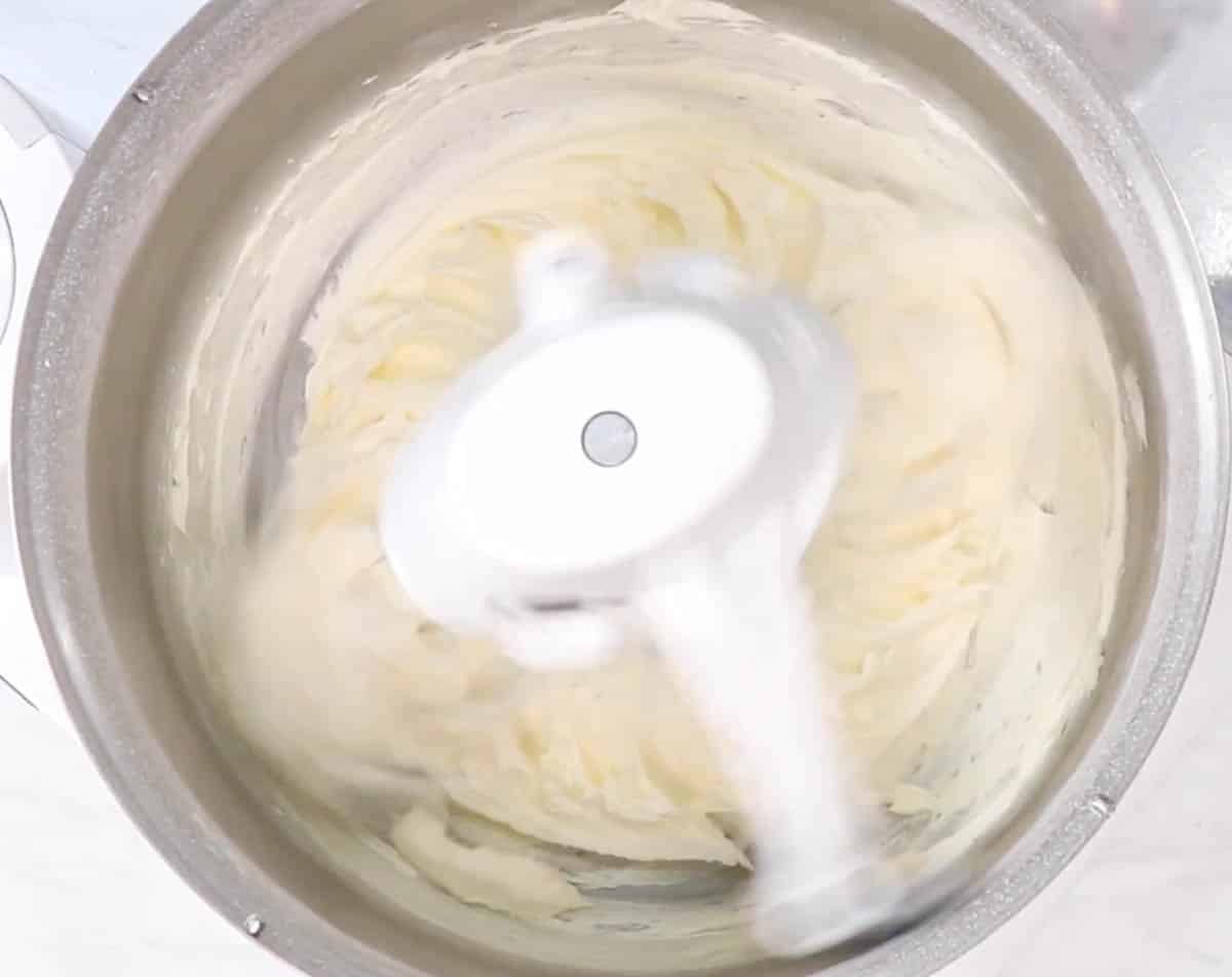 Creaming butter and sugar in a stand mixer.
