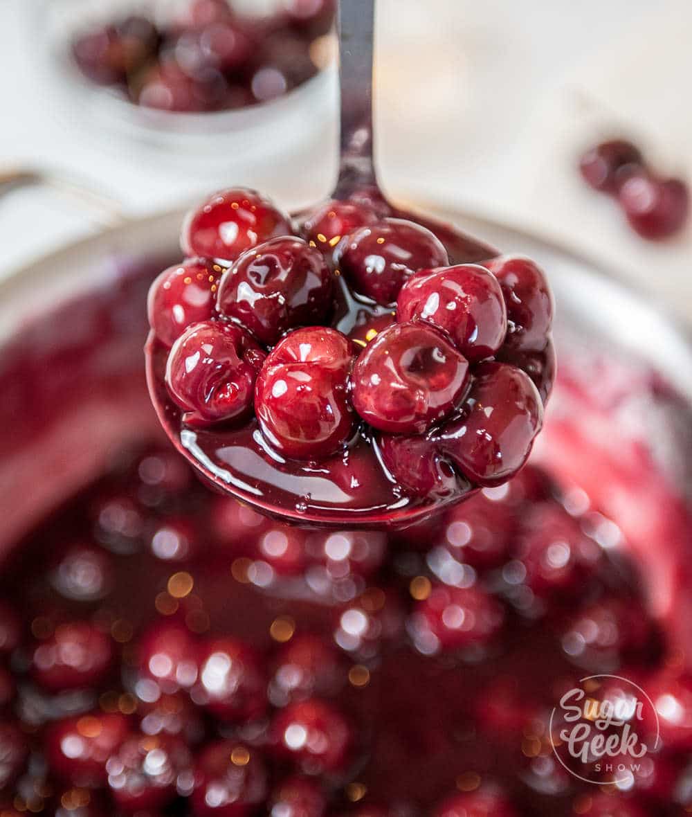 cherry filling on a ladle close to the camera with pan of cherry filling blurry in the background