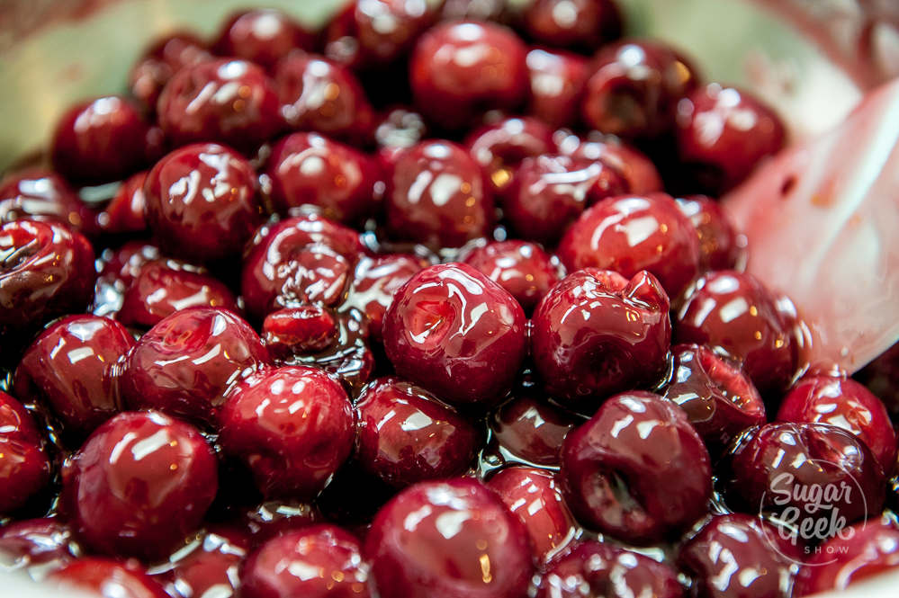 closeup of shiny cherry filling in a pot