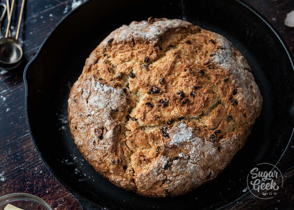 closeup of sweet irish soda bread in a cast iron pan