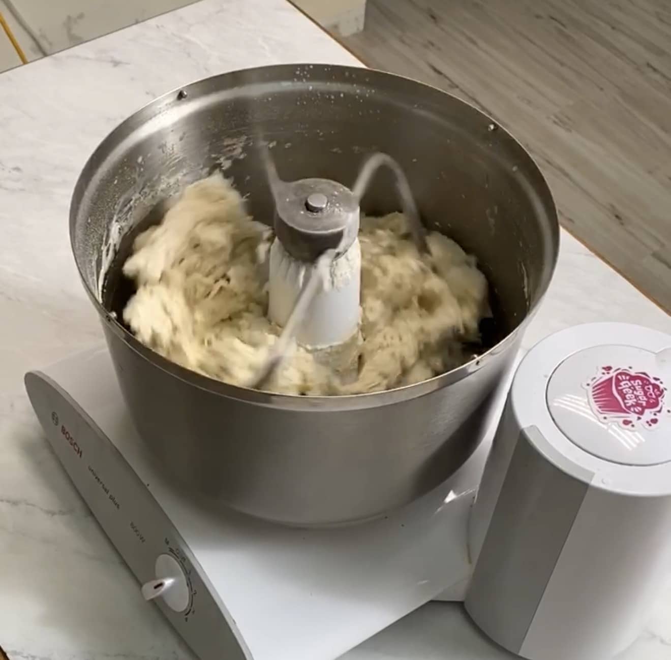 Fast bread dough mixing in a stand mixer.
