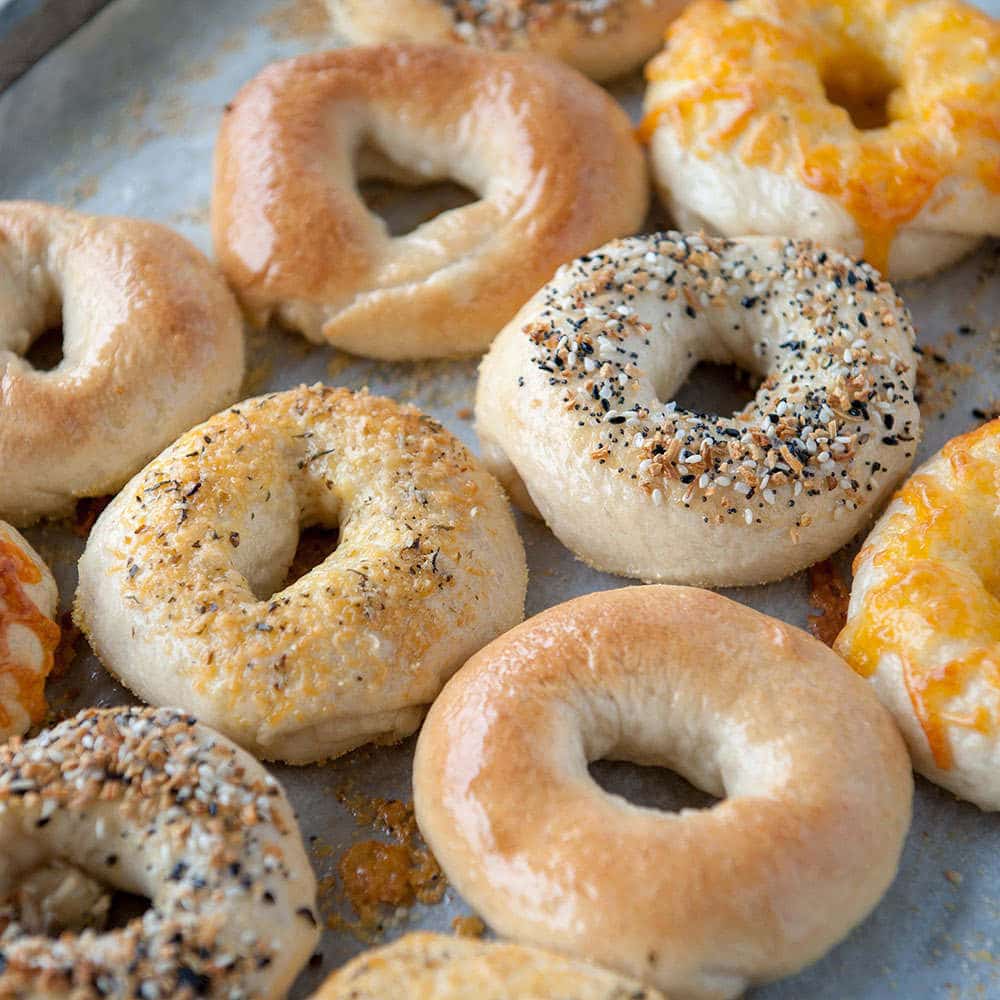 homemade bagels on a sheet pan