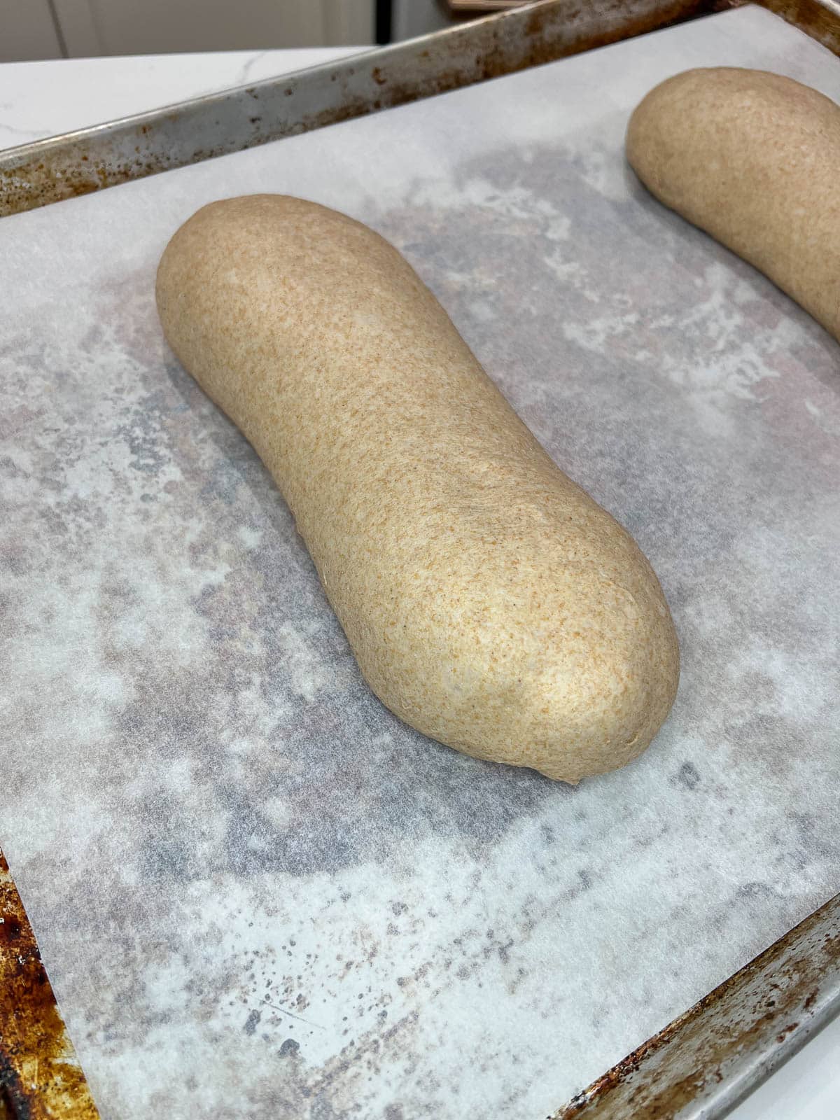 bread dough shaped into loaves on a sheetpan