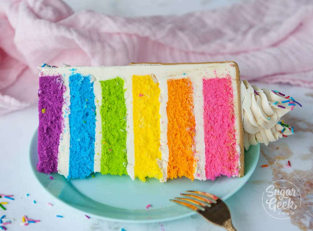 slice of rainbow cake on blue plate and gold fork