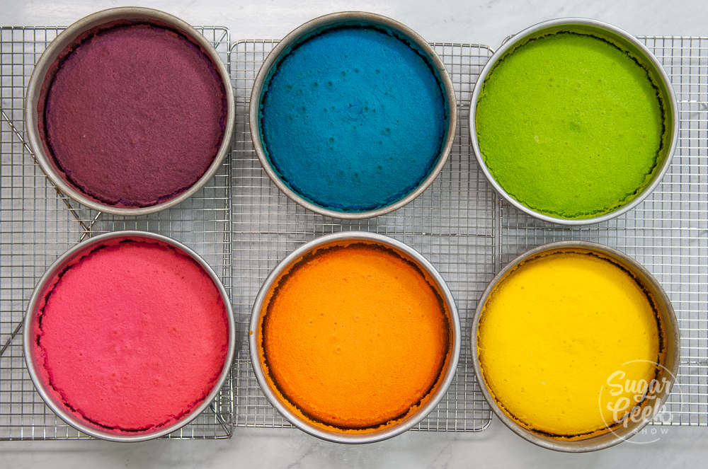 rainbow cakes finished baking and cooling on racks