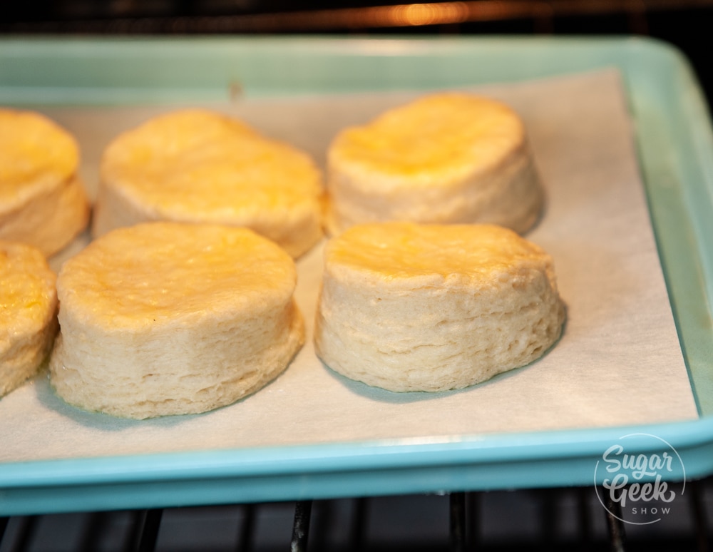 biscuits inside an oven showing the layers of butter