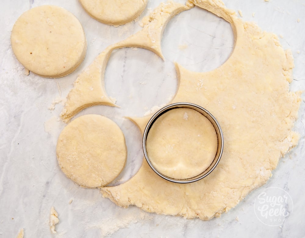 biscuit dough rolled out with round cutter cutting out biscuits shot from above