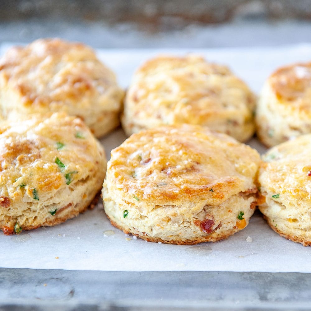 cheddar bacon chive biscuits on parchment paper on a metal sheet pan