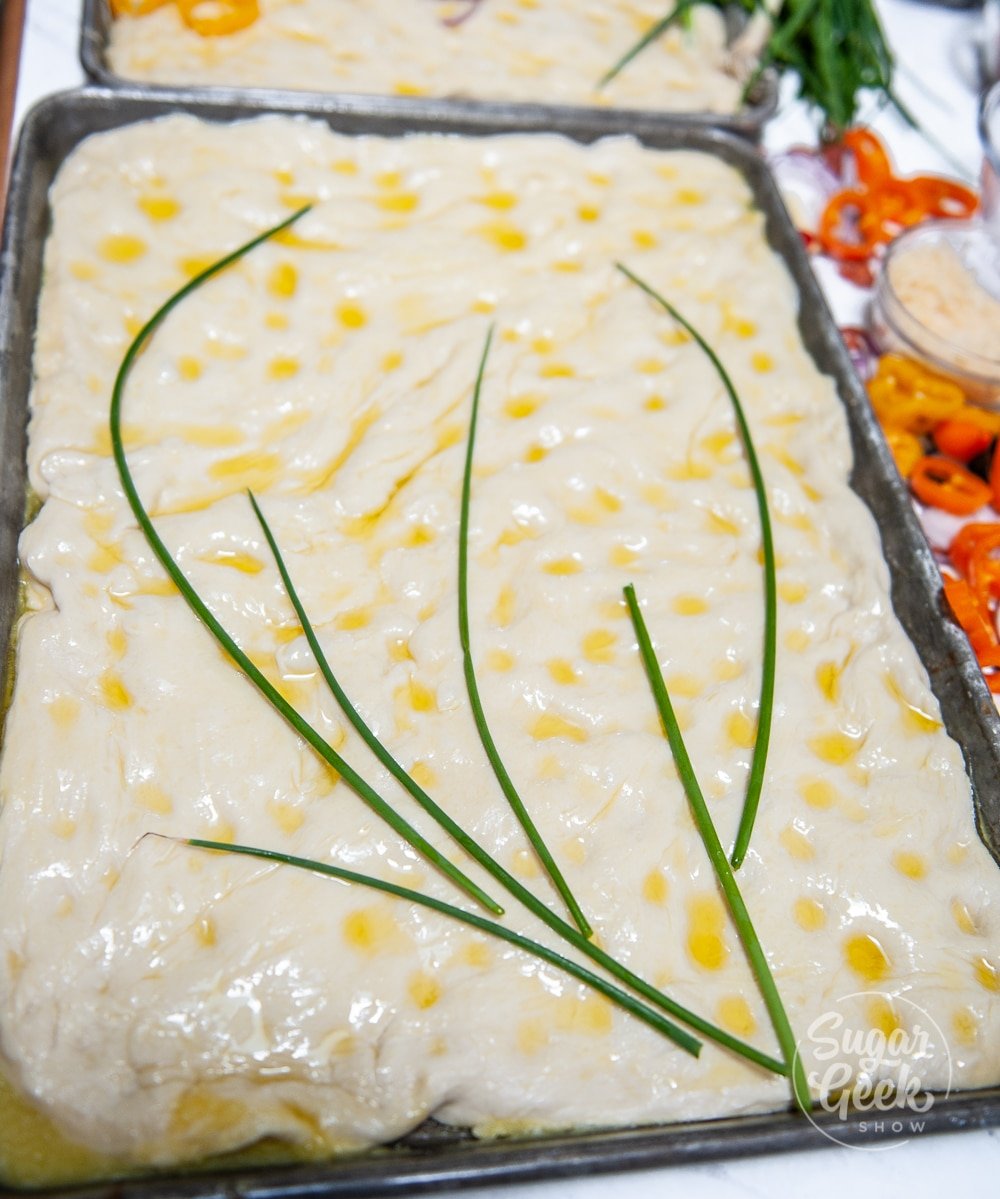 focaccia dough with sprigs of chives arranged on top in a metal sheet pan
