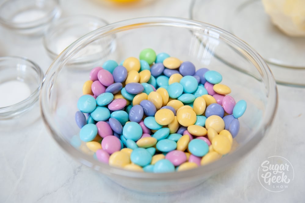 pastel M&Ms in a clear bowl