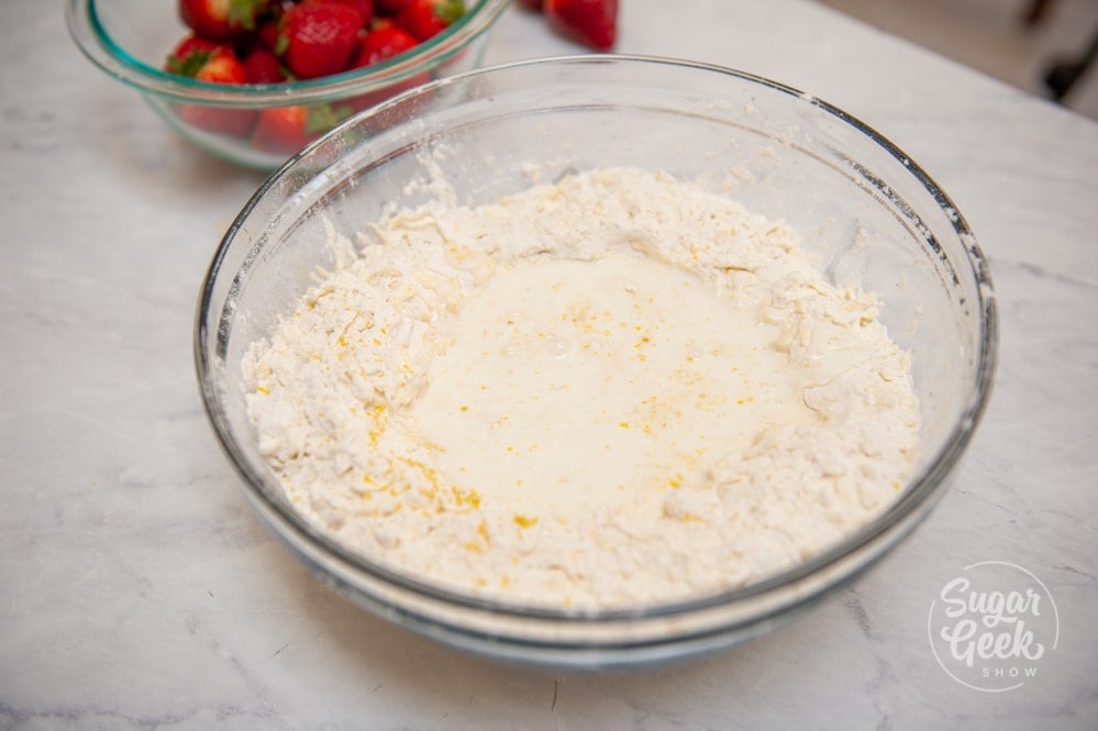 buttermilk in flour/butter mixture in clear bowl