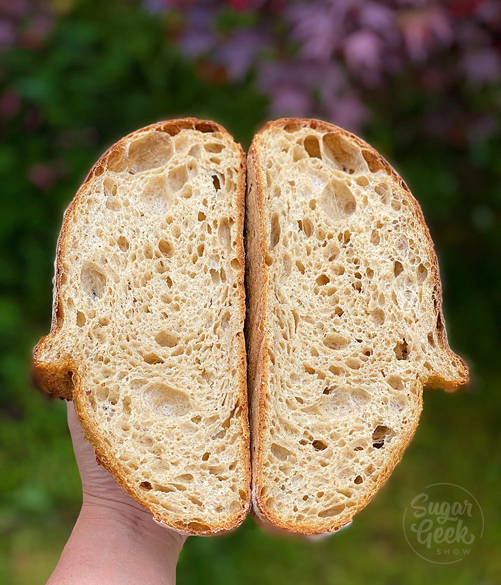 two halves of sourdough bread facing up