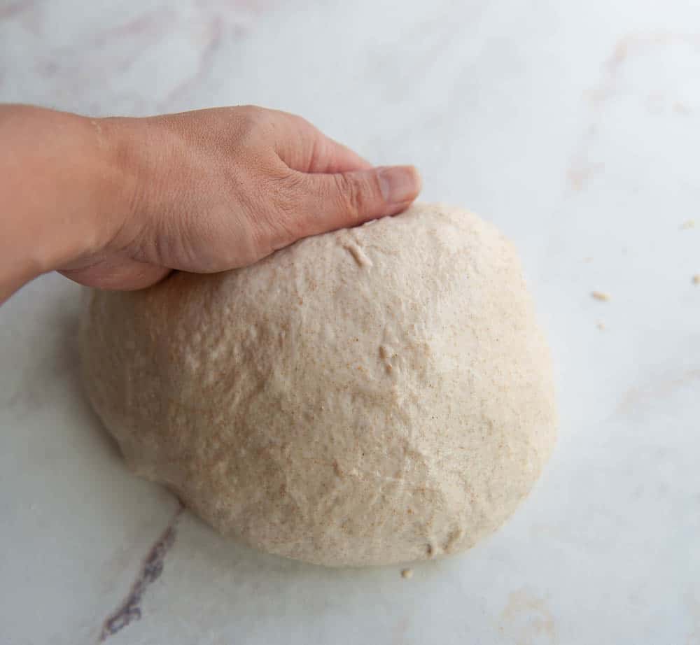 Sourdough bread dough shaped into a ball.