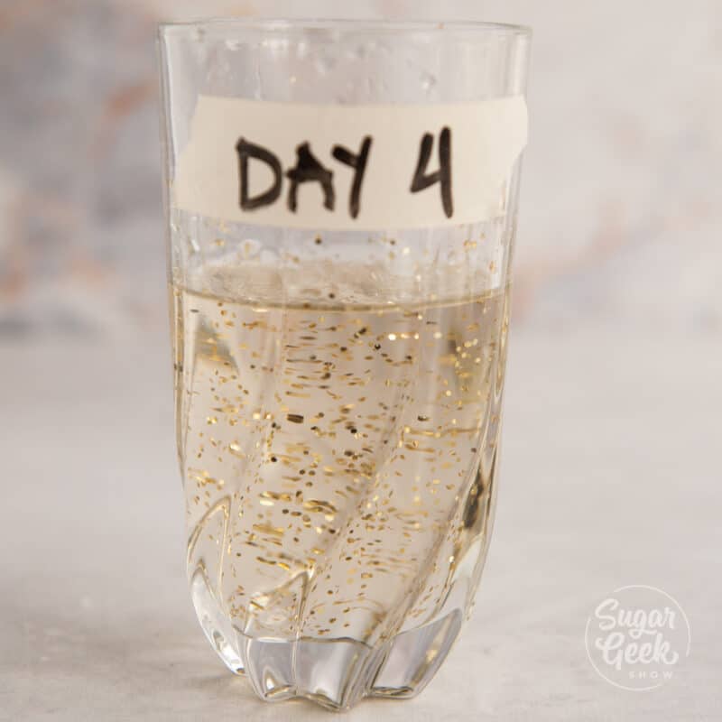 clear glass with water inside and glitter. Tape on the side that says "day 4"