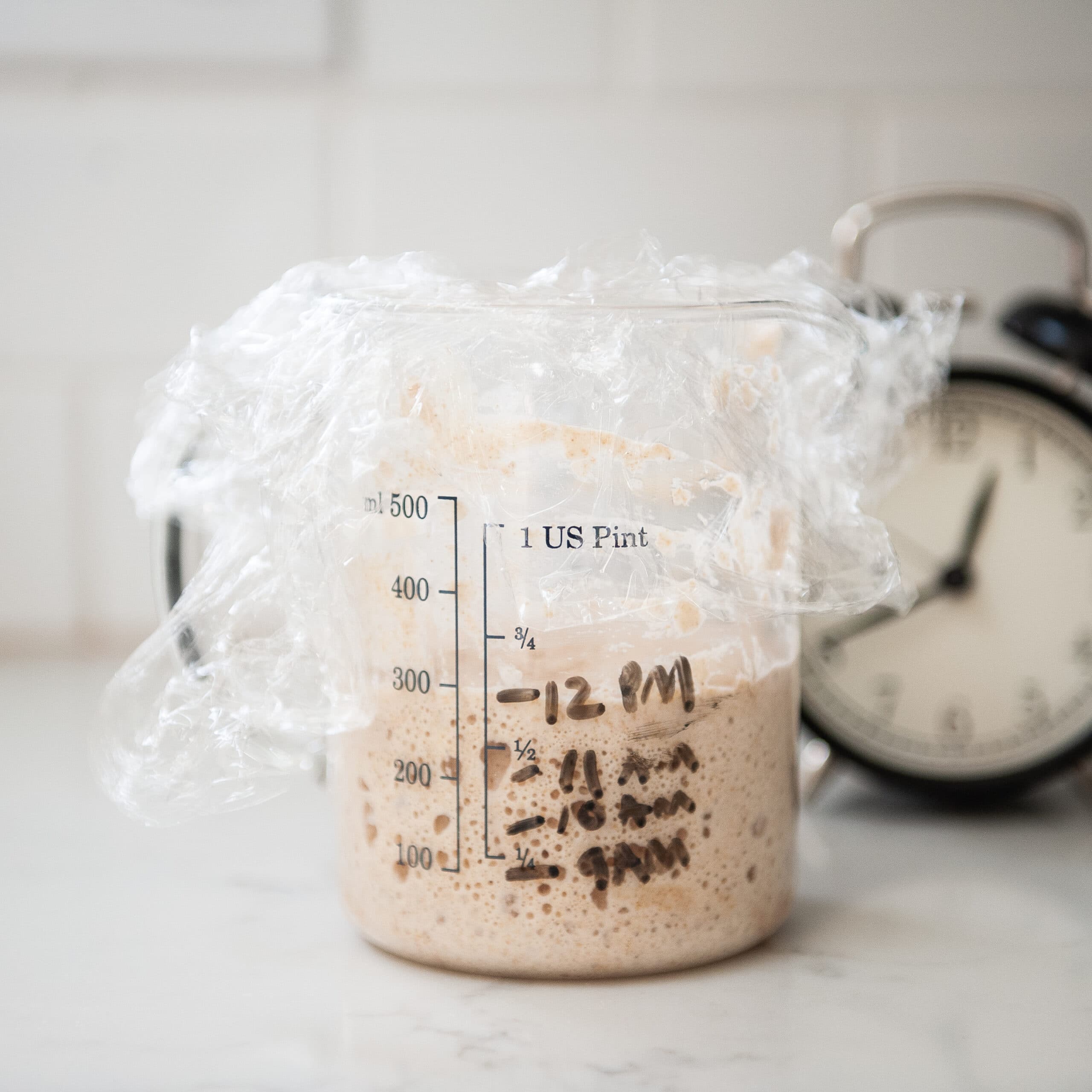 levain rising in measuring cup with marks for time on the front