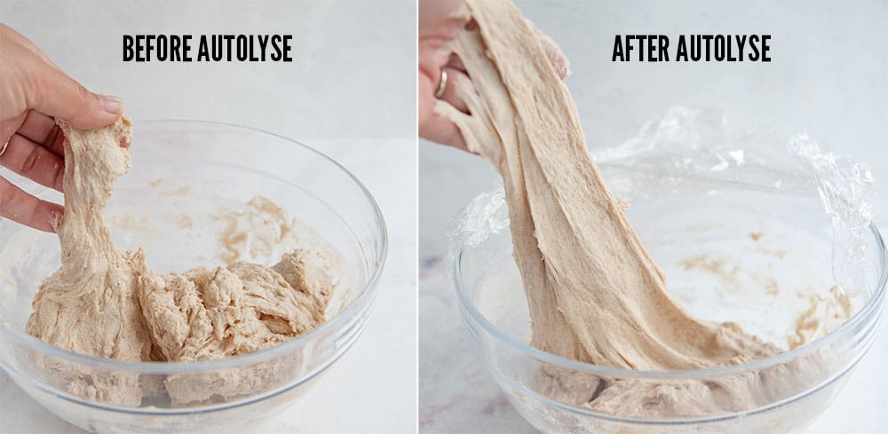 photo of before and after autolyse to show the stretch of the dough
