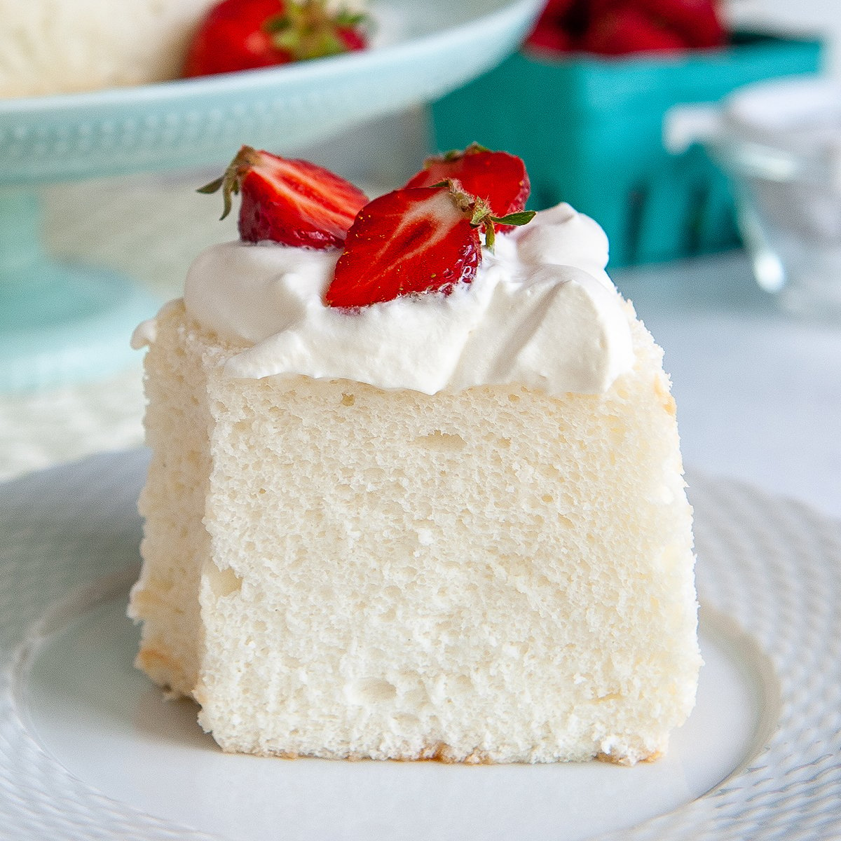 close up of an angel food cake slice