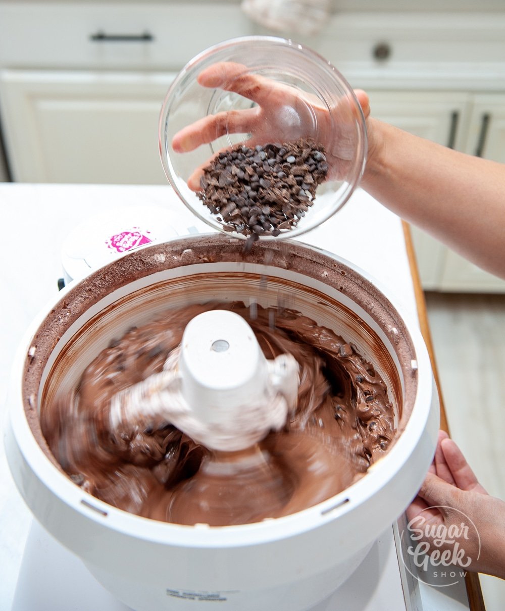 adding chocolate chips to cake batter