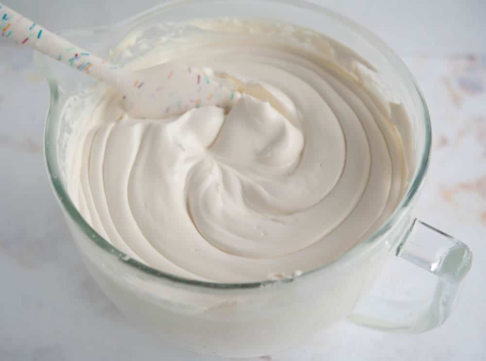 closeup of buttercream in a mixing bowl