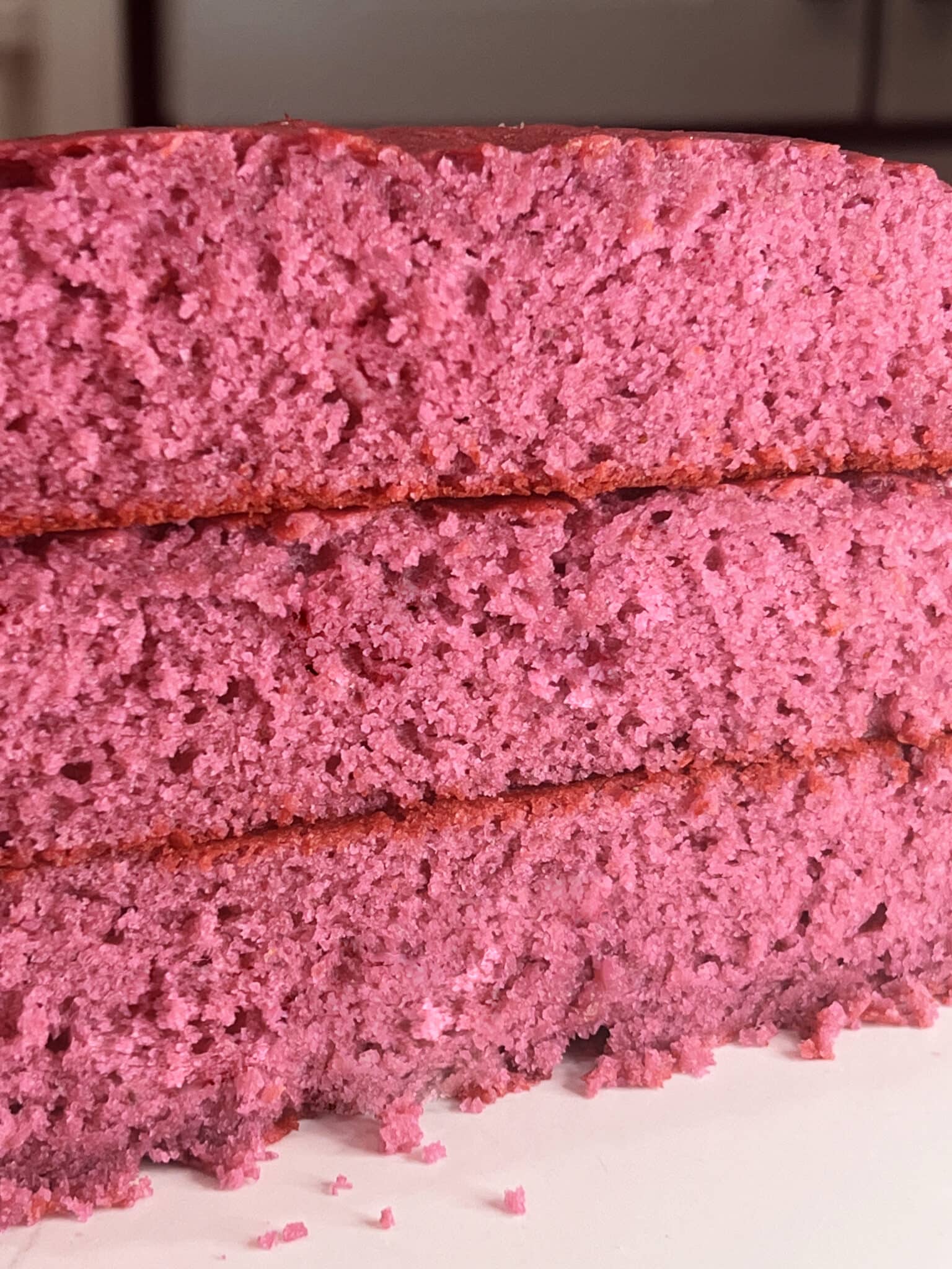 closeup of strawberry cake layers