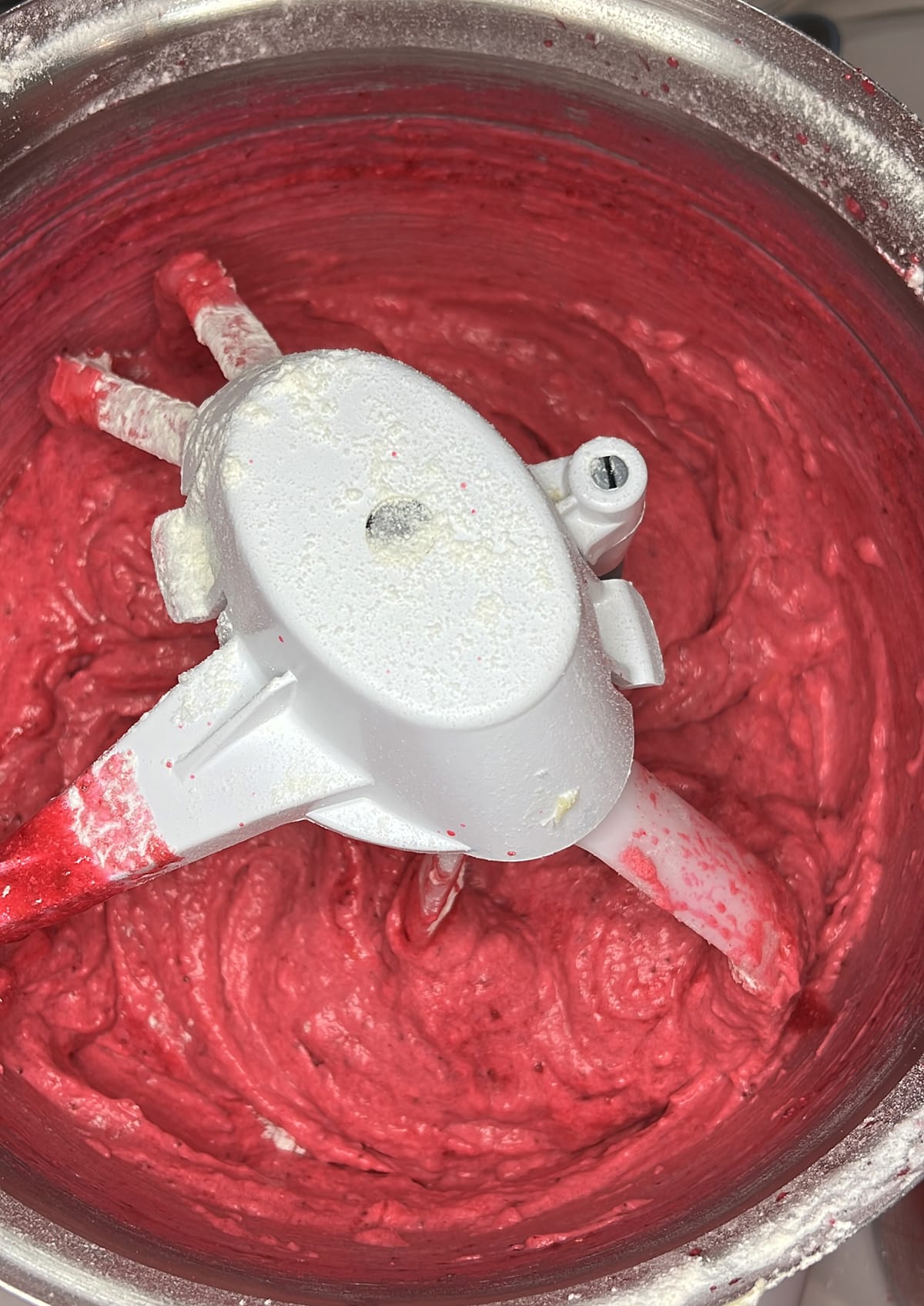 close up of finished strawberry cake batter