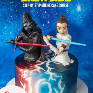 Birthday cake with red and blue lightning spelling out number 10 and Rey and Kylo Ren sculpted cake toppers holding lightsabers