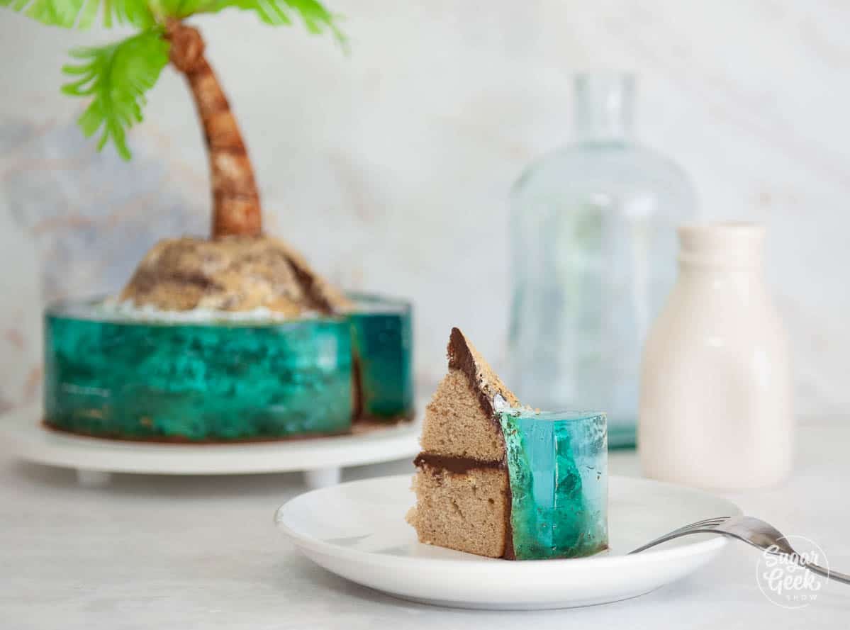 slice of jelly cake on a white plate with full cake in the background