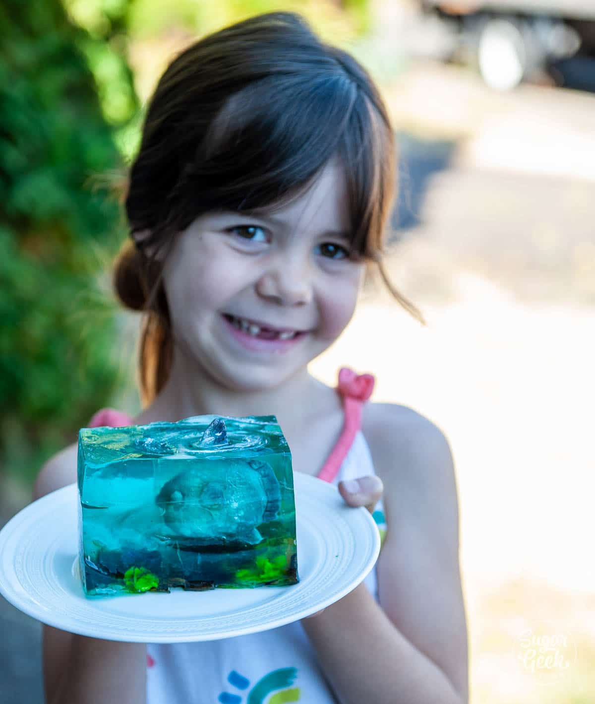 girl holding a slice of jelly cake with modeling chocolate sunfish inside