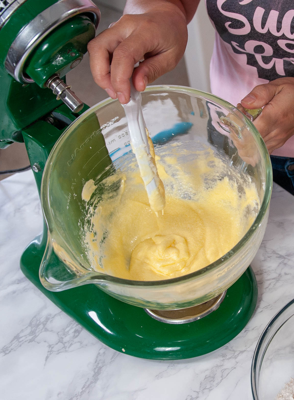 close up of eggs, sugar and butter mixture