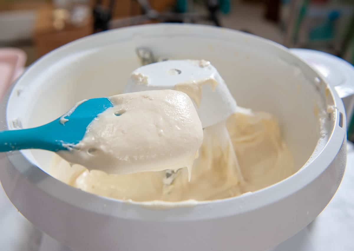 buttermilk cake batter on a blue spatula