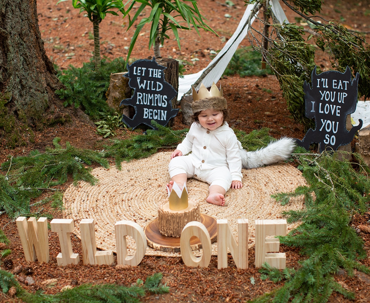 one year old boy with cake and wooden letters in the foreground