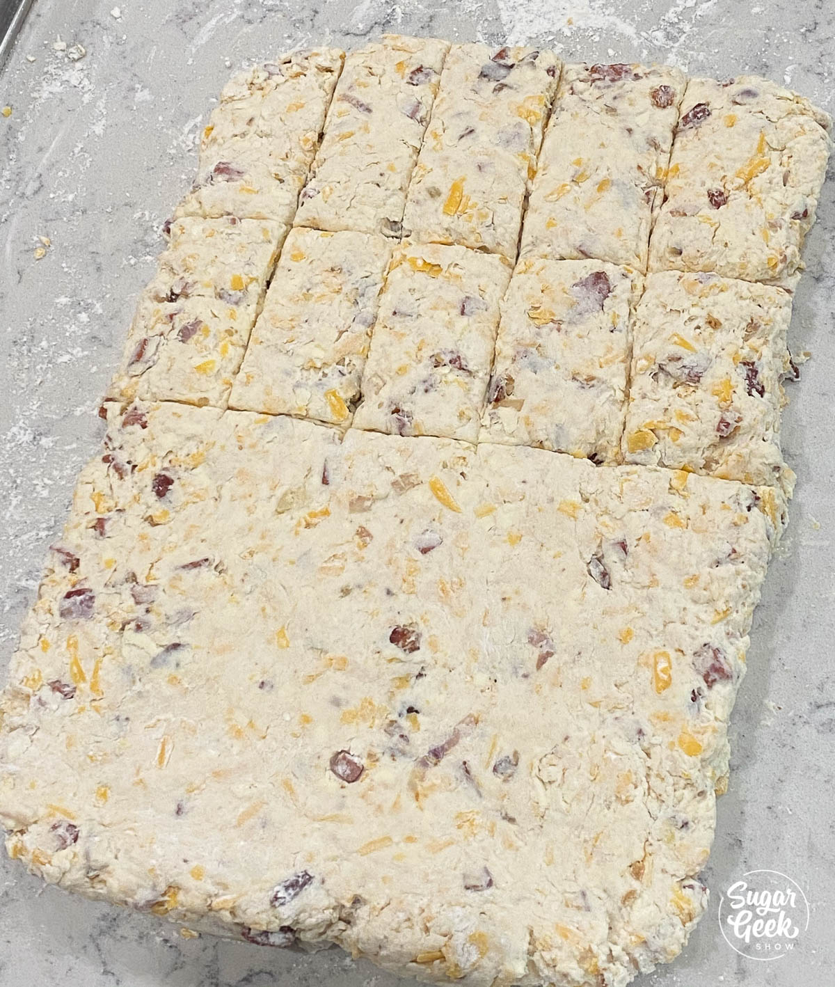 bacon cheddar scones cut into rectangles