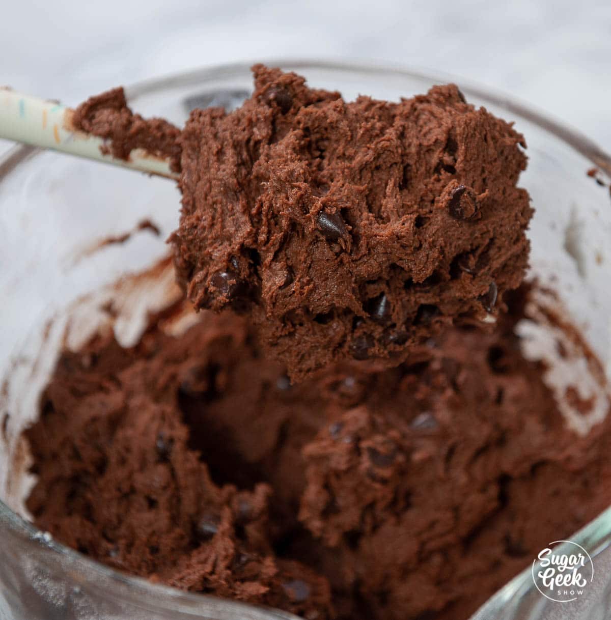 close up of double chocolate chip cookie dough