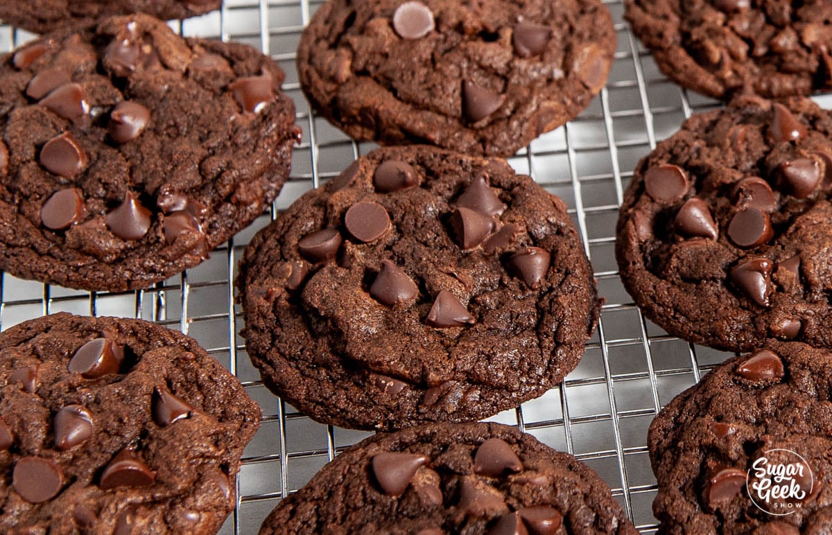 closeup of double chocolate chip cookies on a cooling rack