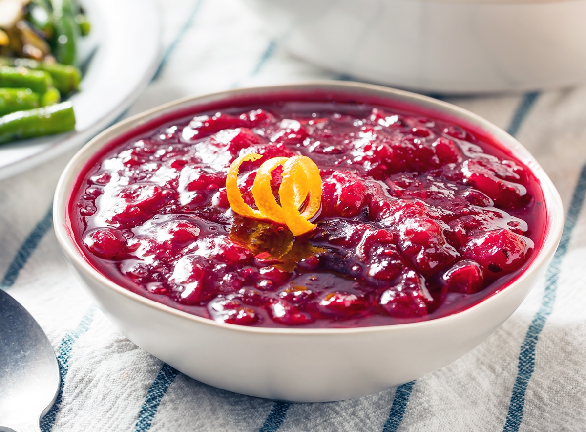 closeup of homemade cranberry sauce in a white bowl