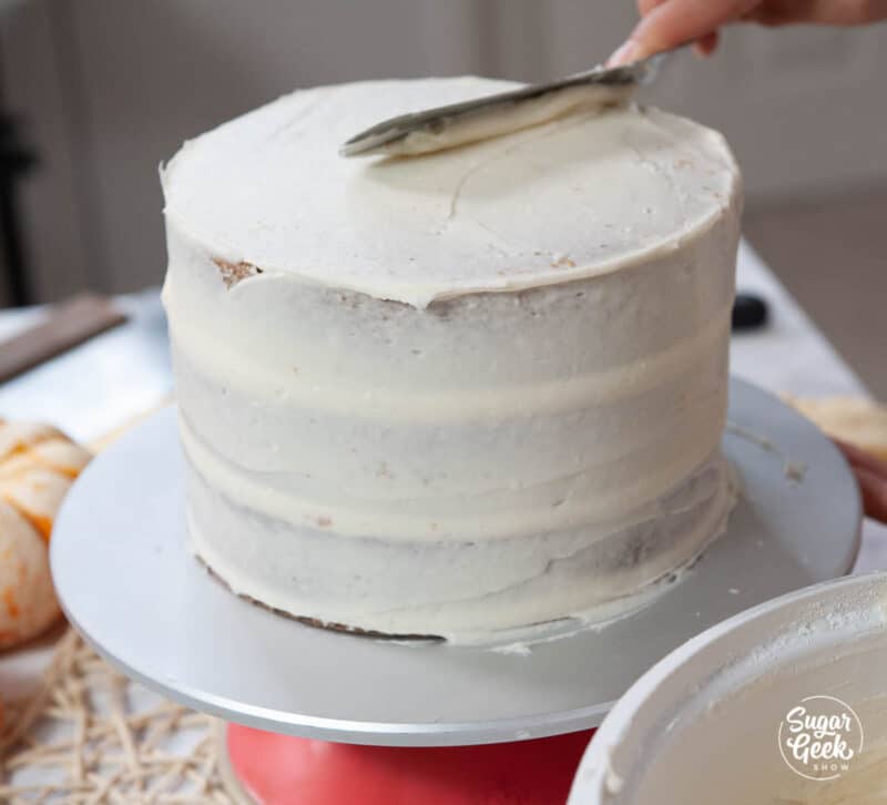 pumpkin spice cake with a crumbcoat