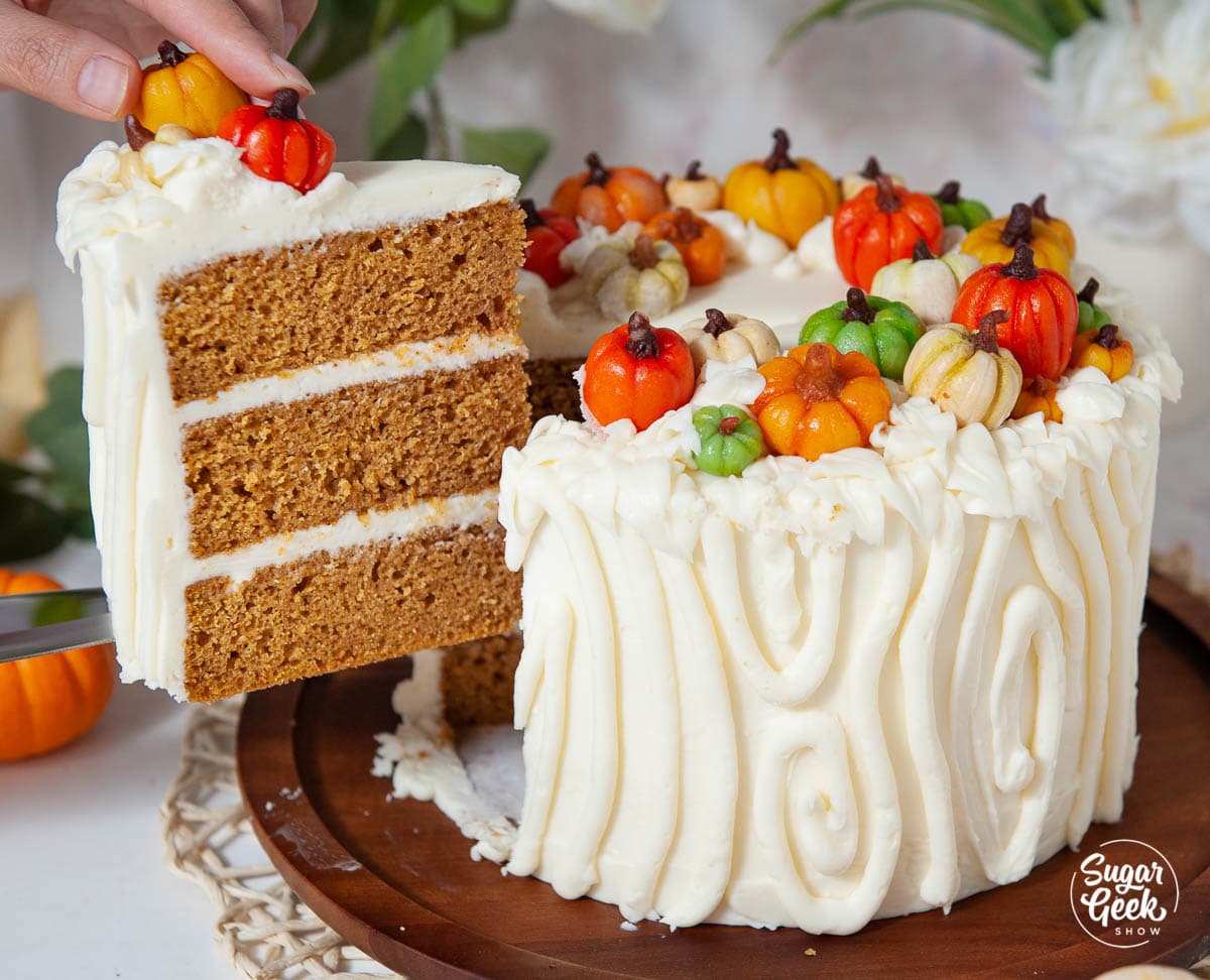 pumpkin spice cake with slice being take out