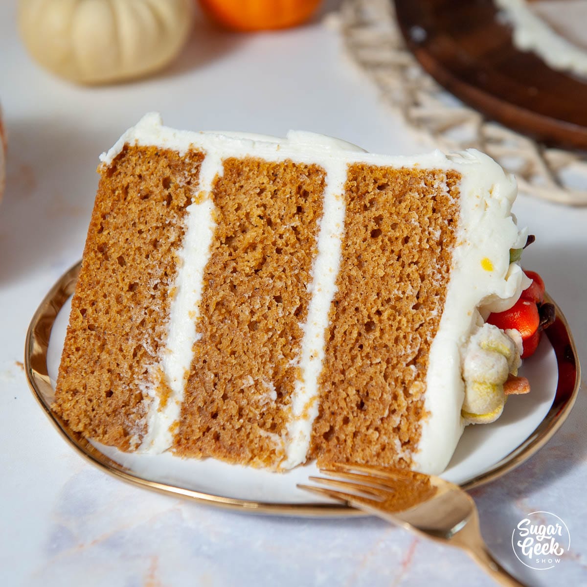 close up slice of pumpkin spice cake